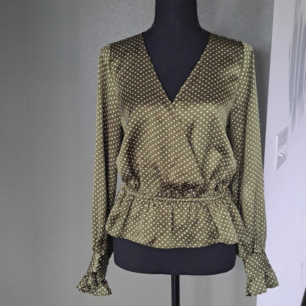 Lucca Satin Piper Top Small Polka Dot V  Neck Long Sleeve Elegant Blouse Dressy